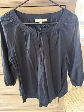 LOFT Navy Tie-Front Peasant Blouse